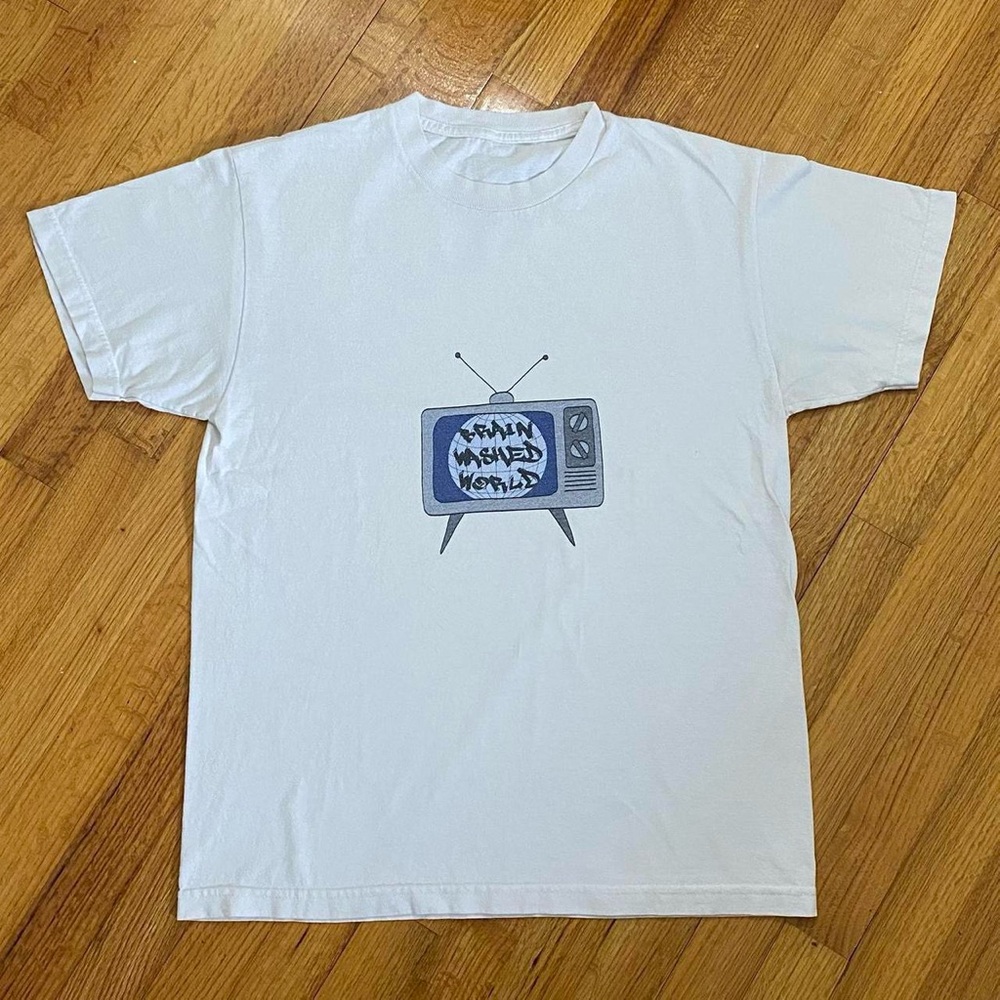 Blue and White Short Sleeve Tee with Retro TV Graphic